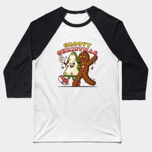 Groovy Christmas, Gingerbread Men and pine tree cookie characters walk together Baseball T-Shirt